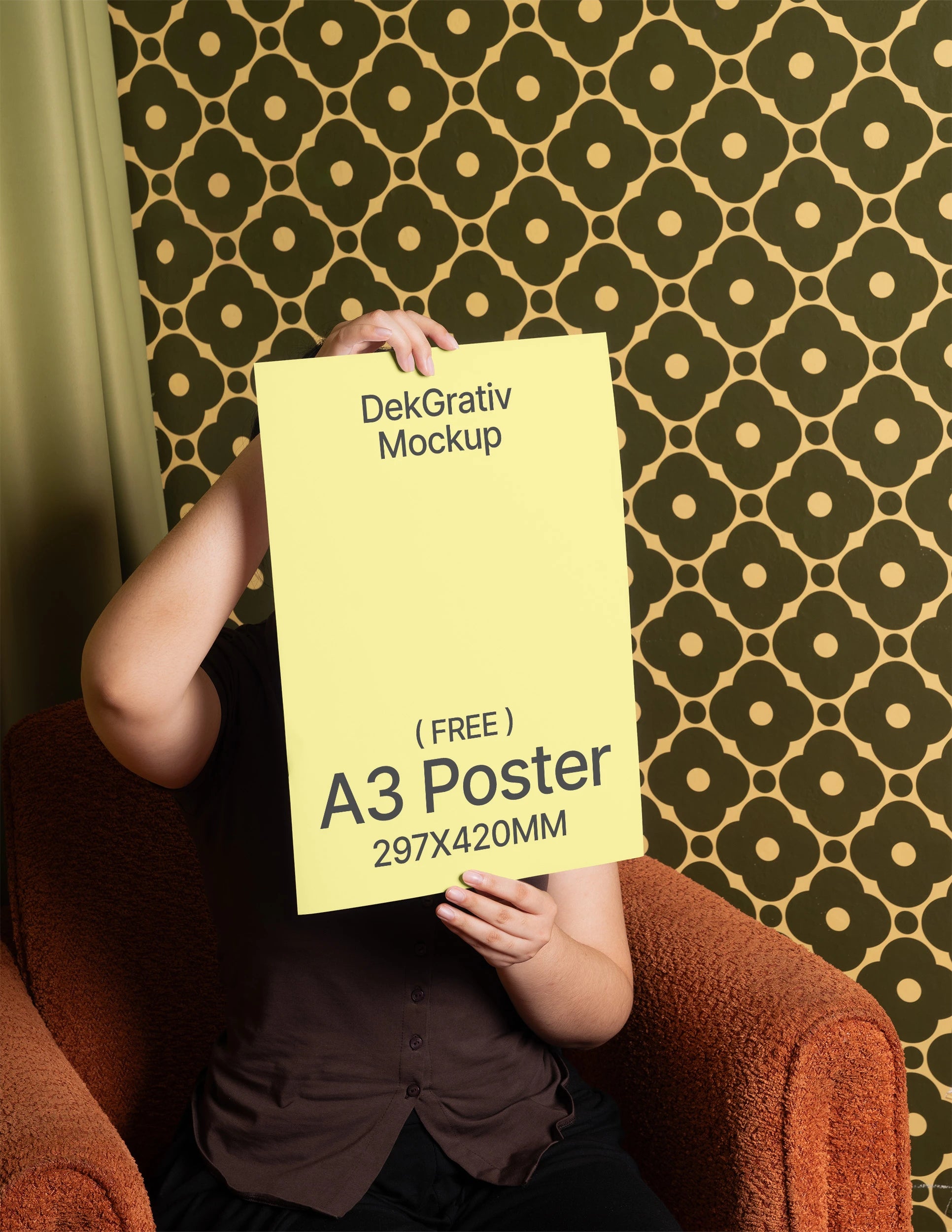 Free Woman Holding Poster A3 on Armchair Mockup