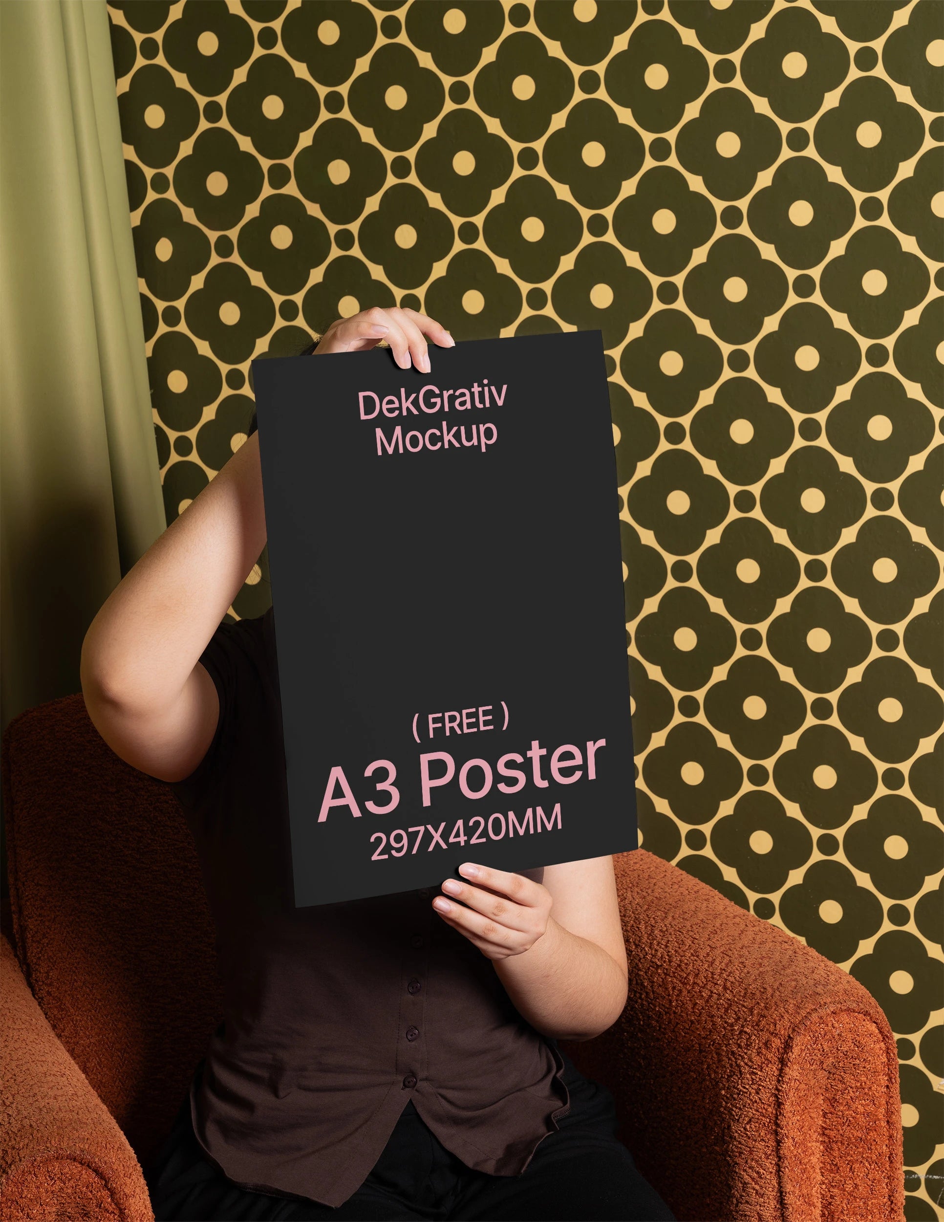 Free Woman Holding Poster A3 on Armchair Mockup