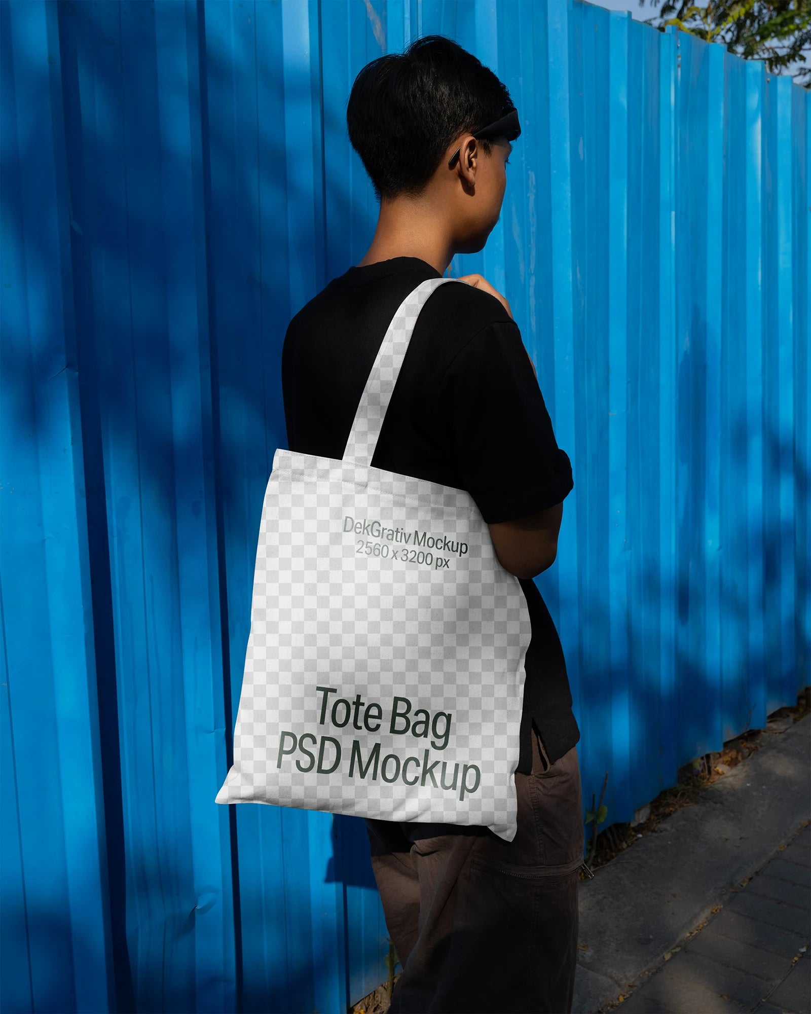 Free Canvas Tote Bag Mockup on Blue Fence