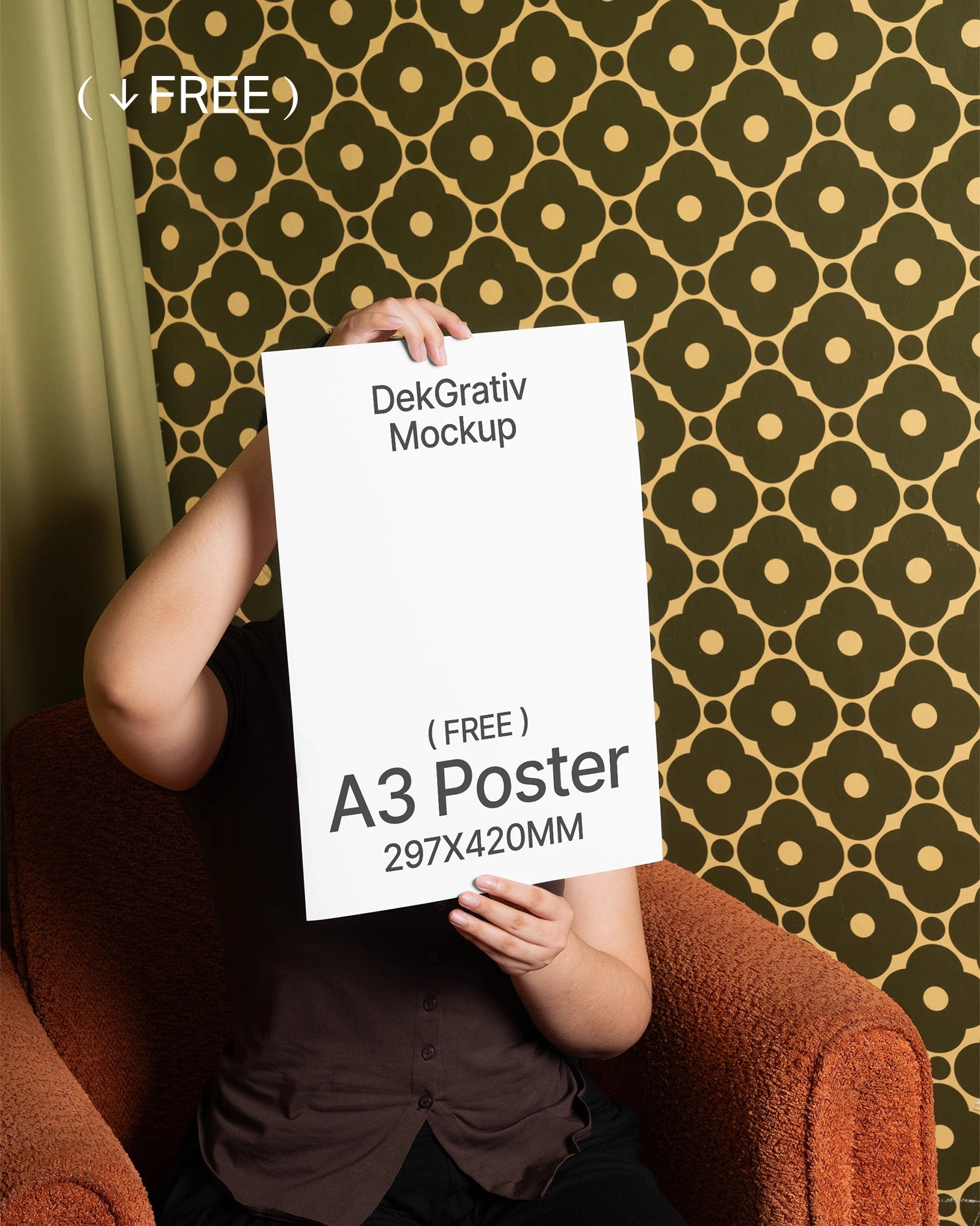 Free Woman Holding Poster A3 on Armchair Mockup